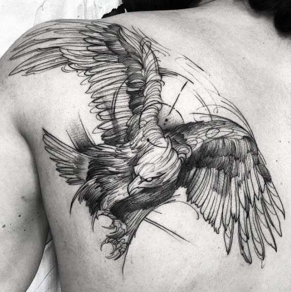 Pencil Sketch Style Flying Eagle Tattoo On Back Shoulder By Fredao Oliveira