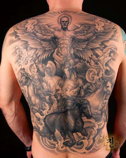 Powerful Protector Angel Tattoo With Horses Tattoo On Full Back For Men