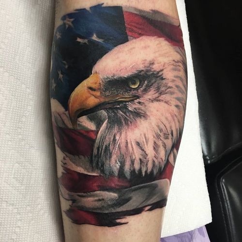 Realistic Bald Eagle Head With American Flag Tattoo On Forearm
