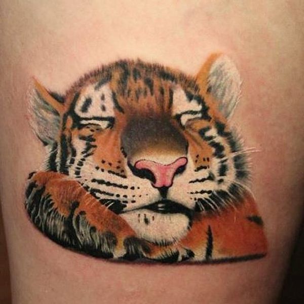 Realistic Color Sleeping Baby Tiger Tattoo Design