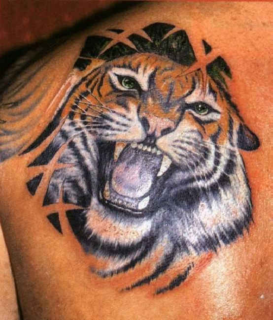 Realistic Colored Tribal Tiger Head Tattoo Design