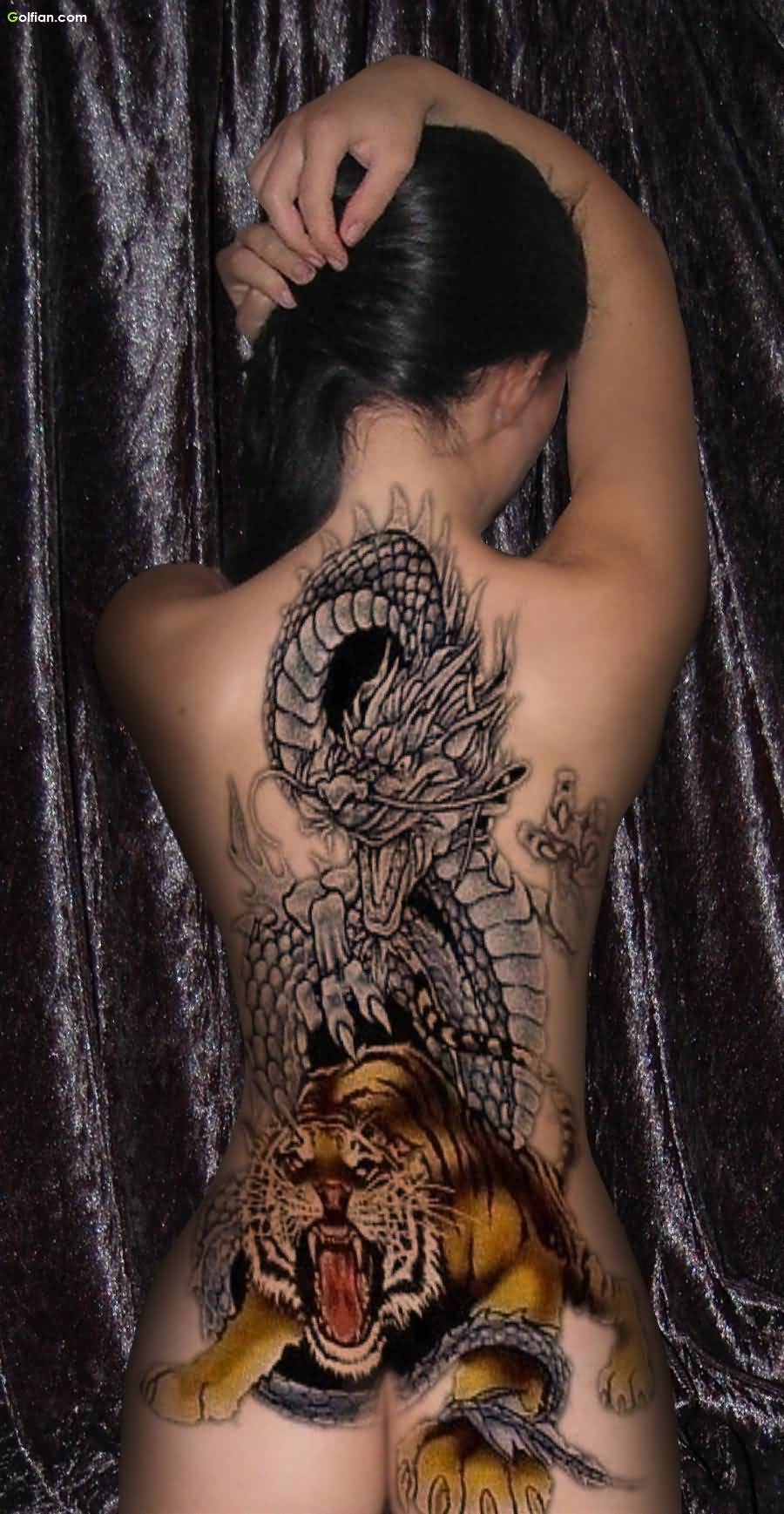 Realistic Tiger With Black Ink Dragon Tattoo On Girl Full Back