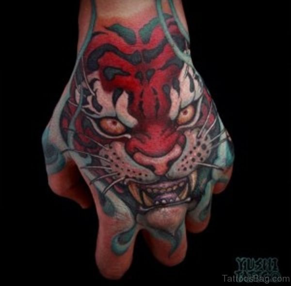 Red Ink Tiger Head Tattoo On Hand
