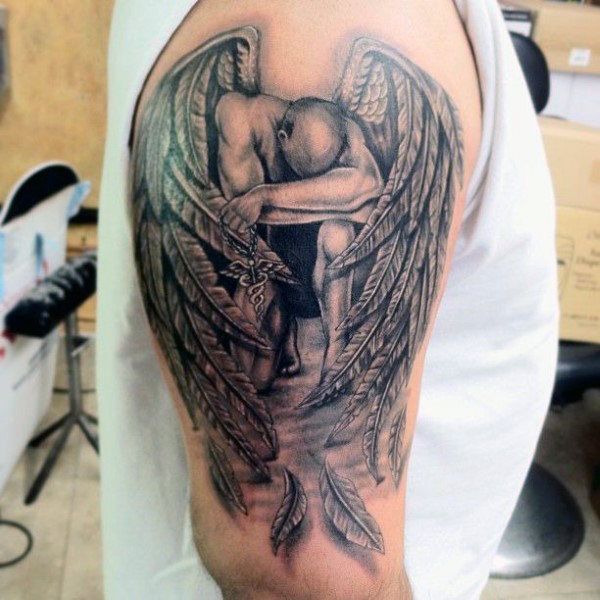 Remarkable Black & White Broken Guardian Angel Tattoo On Half Sleeve For Men