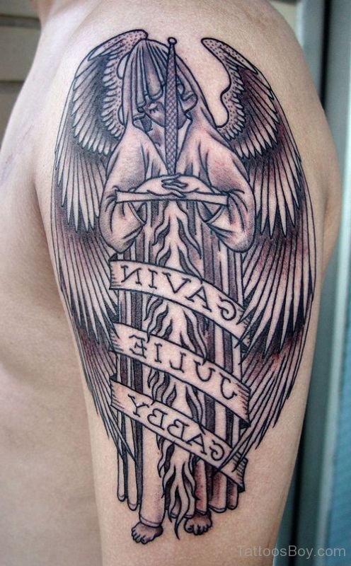 Simple Black Ink Guardian Angel Tattoo On Half Sleeve