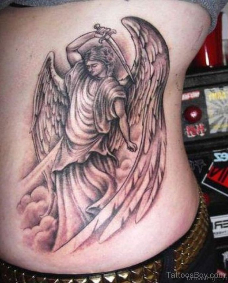Simple Grey Ink Feminine Guardian Angel Tattoo On Girl Siderib