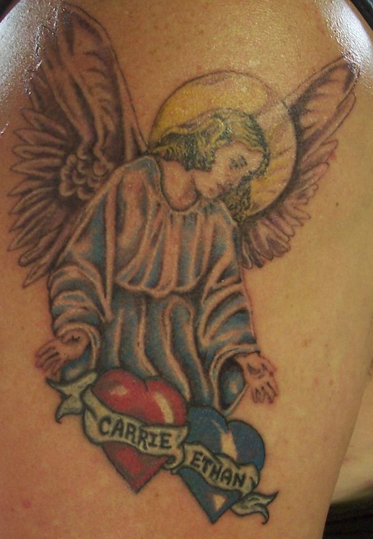 Small Colorful Guardian Angel Tattoo On Girl Shoulder