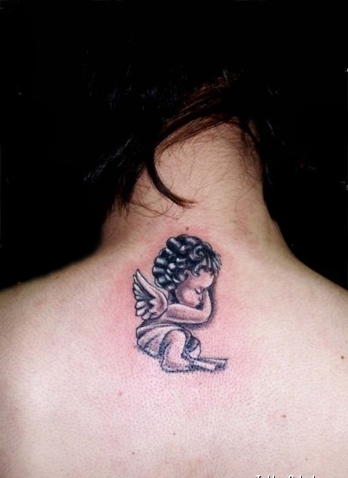 Small Cute Baby Angel Tattoo On Girl Back Neck