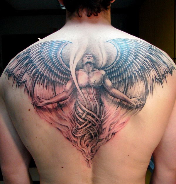 Spectacular Grey Ink Open Winged Powerful Protector Angel Tattoo On Back For Men
