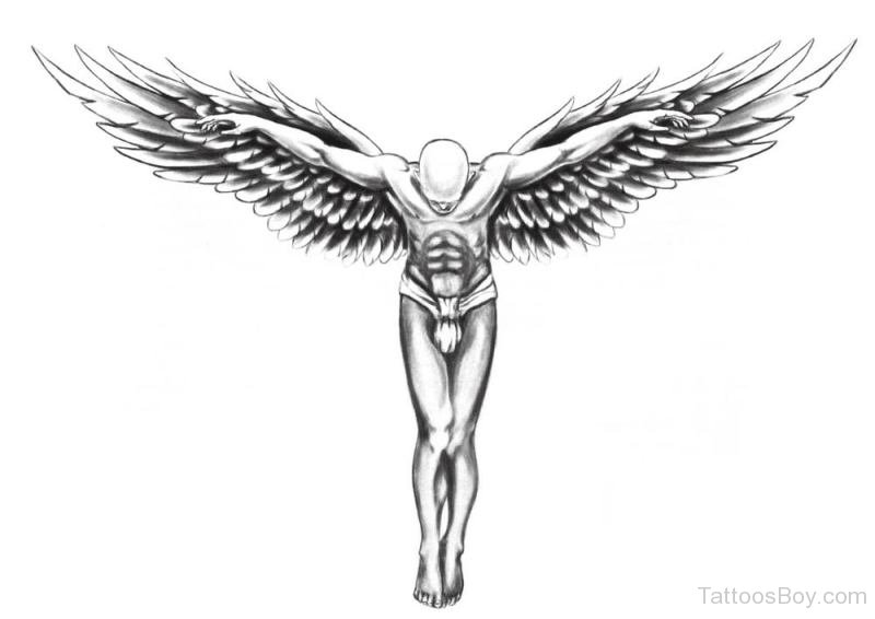 Stunning Black & Grey Ink Flying Guardian Angel Tattoo Design