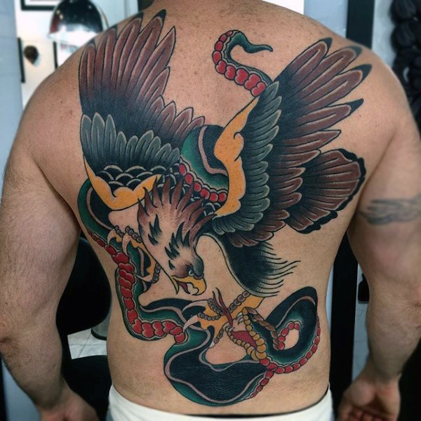 Traditional American Bald Eagle & Snake Battle Tattoo On Full Back
