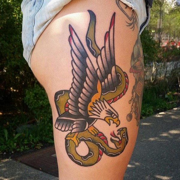 Traditional Bald Eagle & Snake Tattoo On Girl Thigh
