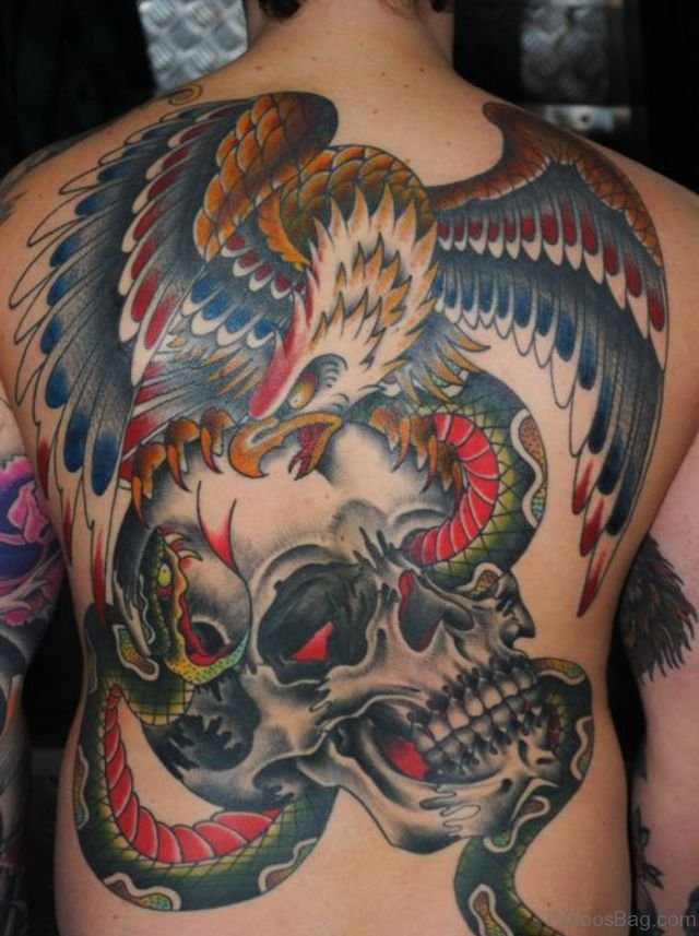 Traditional Bald Eagle & Snake With Skull Tattoo On Full Back