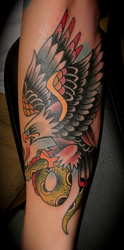 Traditional Bald Eagle With Snake Tattoo On Forearm