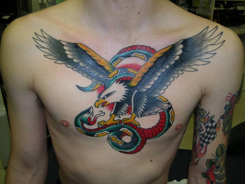 Traditional Bald Eagle With Snake Tattoo On Male Chest