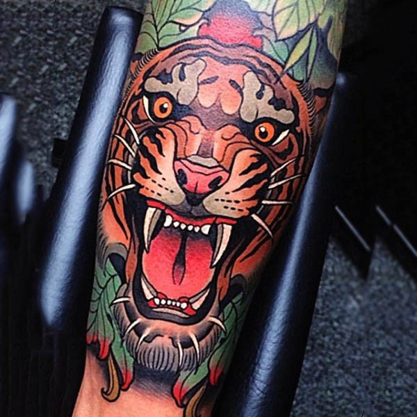 Traditional Colored Roaring Tiger Tattoo On Forearm