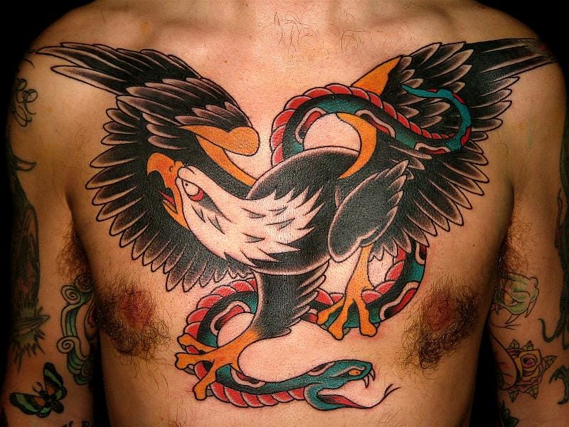 Traditional Colorful Bald Eagle Vs. Snake Tattoo On Chest For Men