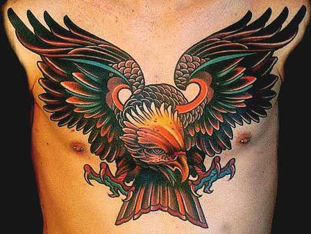 Traditional Colorful Flying Eagle Tattoo On Chest For Men