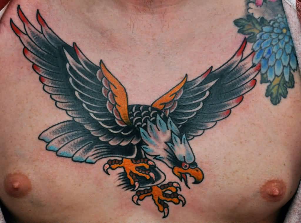 Traditional Colorful Flying Eagle Tattoo On Chest