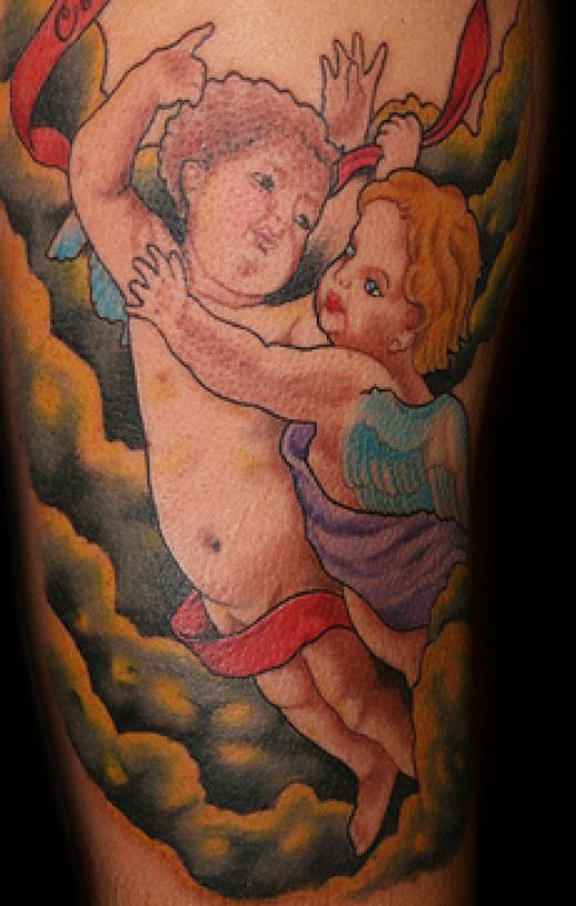 Traditional Colorful Two Cherubs Tattoo Design