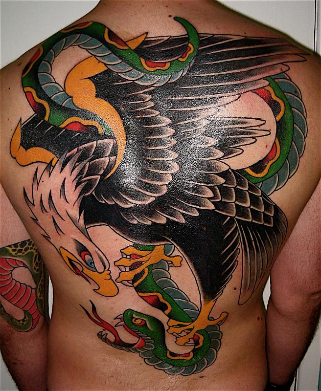 Traditional Eagle & Snake Fight Tattoo On Full Back