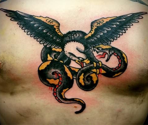 Traditional Eagle & Snake Tattoo Design On Chest For Men