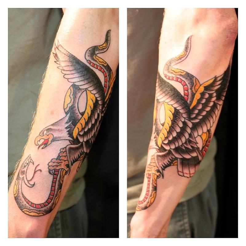 Traditional Eagle & Snake Tattoo On Outer Forearm