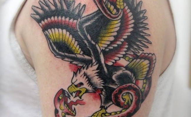 Traditional Eagle & Snake Tattoo On Shoulder