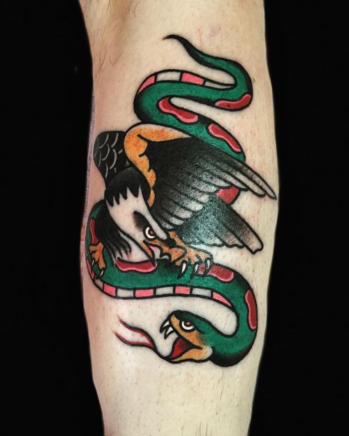 Traditional Eagle Vs. Snake Tattoo On Forearm