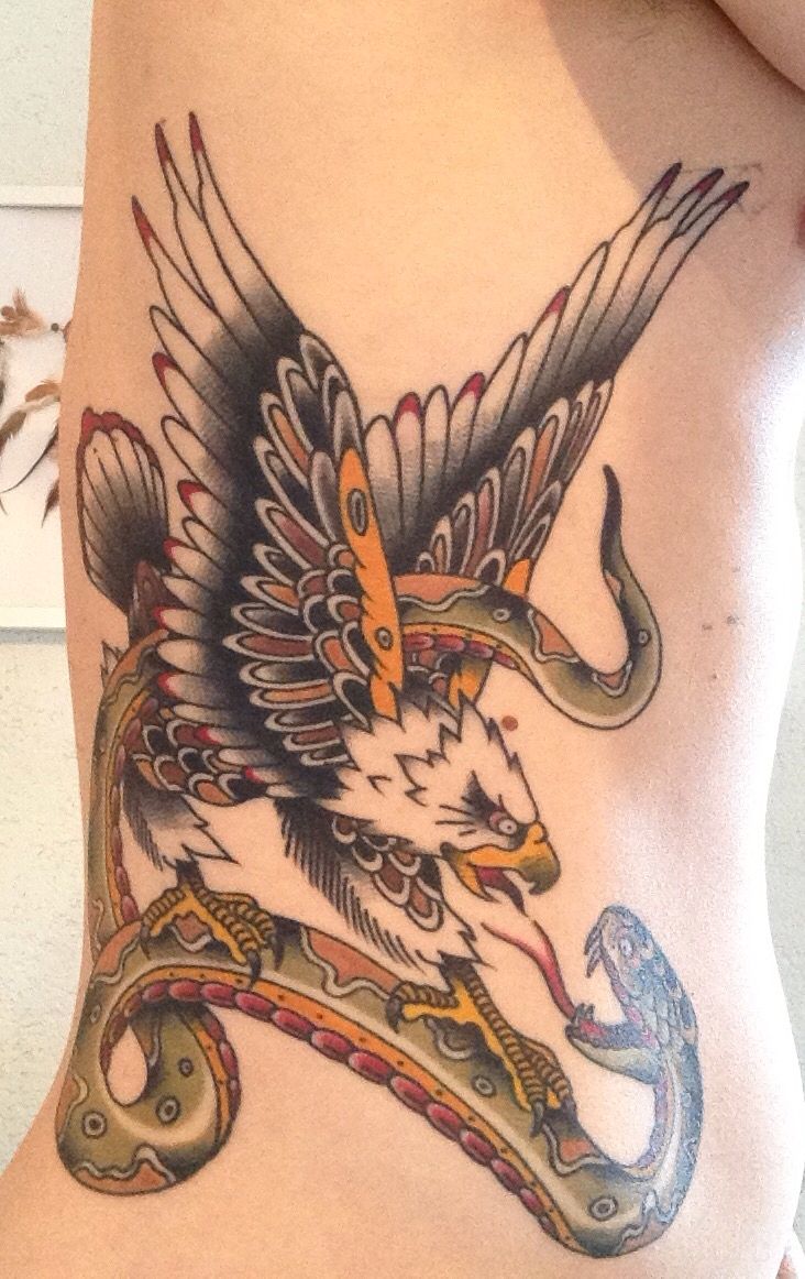 Traditional Eagle Vs. Snake Tattoo On Siderib