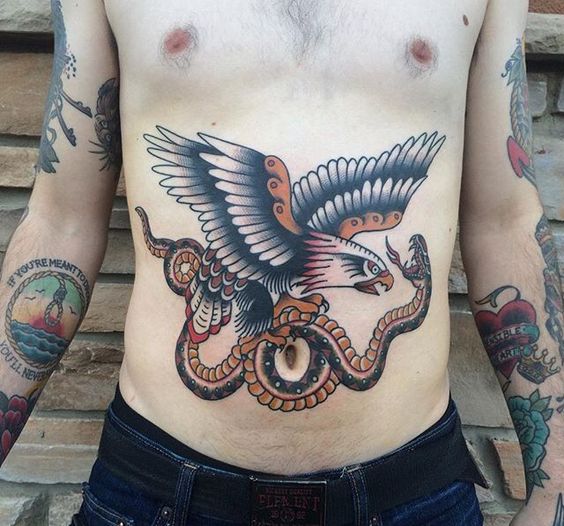Traditional Eagle and Snake Tattoo On Stomach