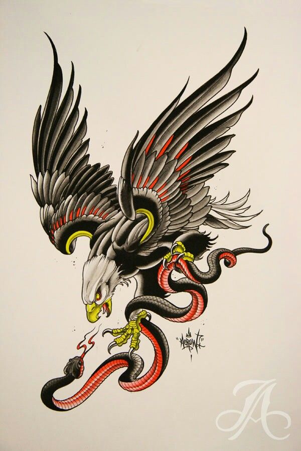 Traditional Old School Eagle And Snake Tattoo Design