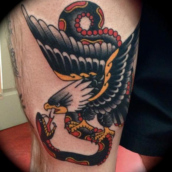 Traditional Old School Snake & Eagle Tattoo On Thigh