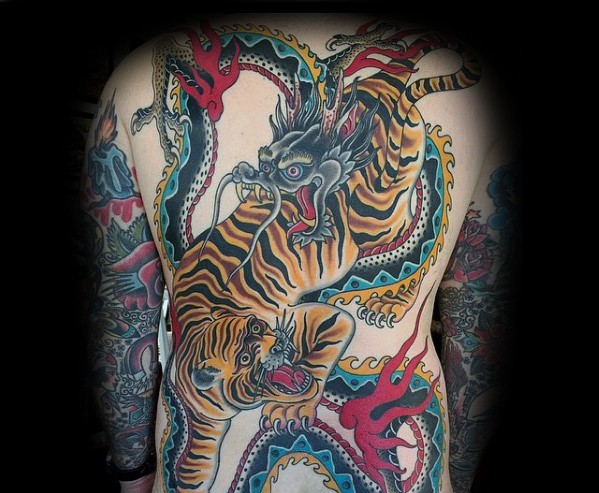 Traditional Old School Tiger Vs. Dragon Tattoo On Full Back For Men