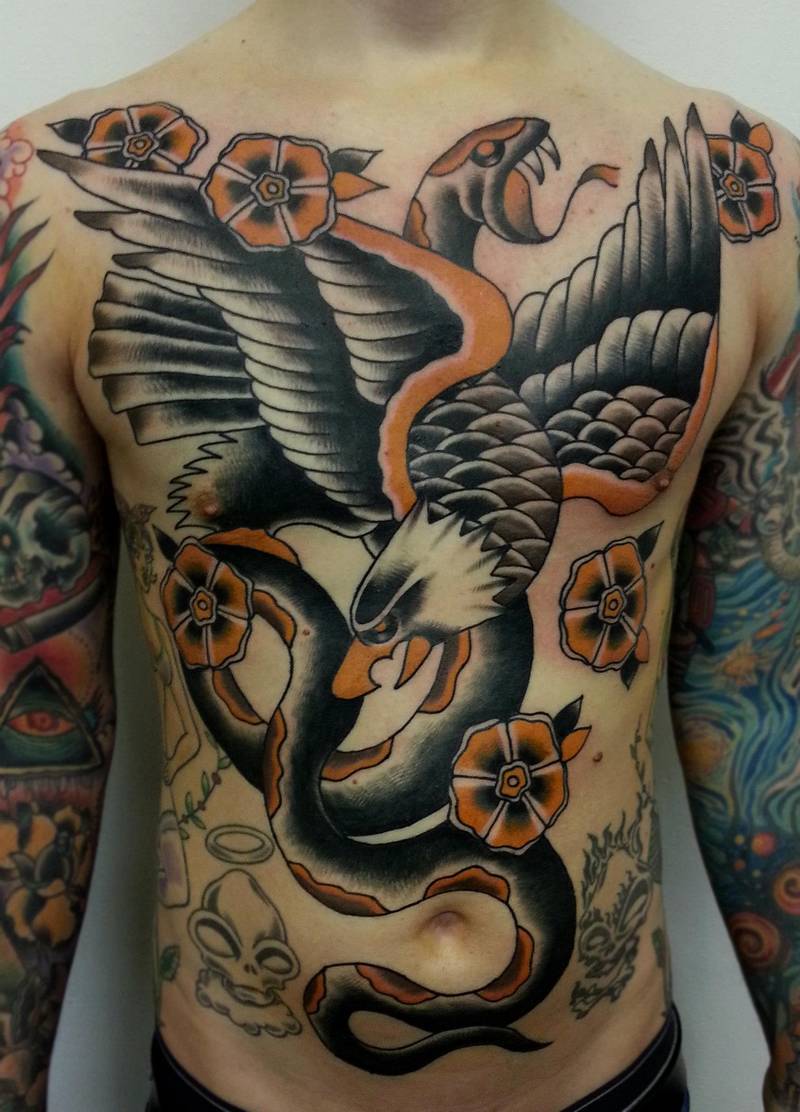 Traditional Snake & Eagle Tattoo On Male Full Body