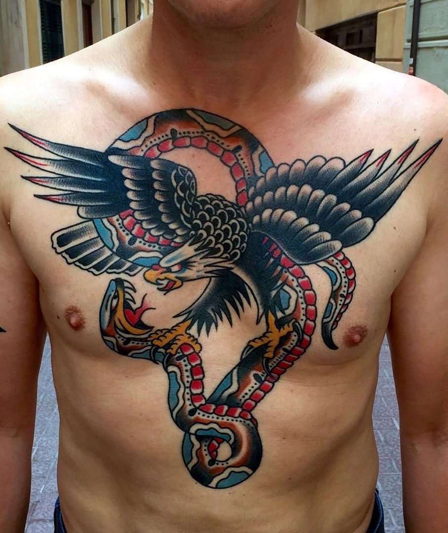 Traditional Snake Vs. Eagle Tattoo On Chest By Christian Otto