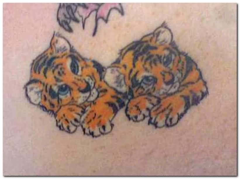 Two Cute Sibling Baby Tiger Tattoo Design Represents Twins