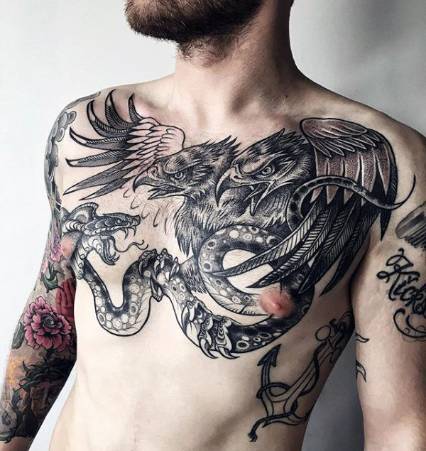 Wonderful Black & Grey Ink Double Headed Eagle And Snake Tattoo On Chest For Men