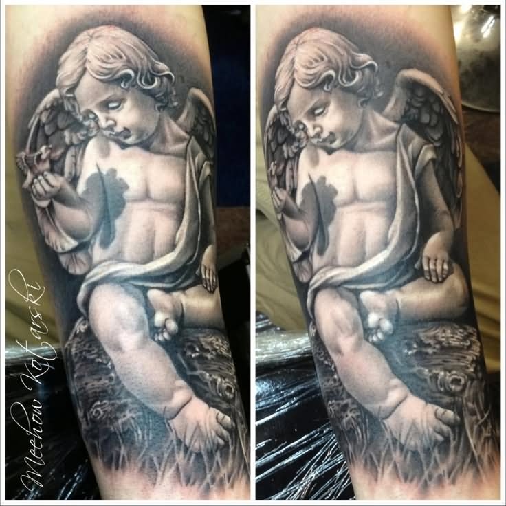 Wonderful Black & White Cherub Tattoo On Arm By Meehow Kotarski