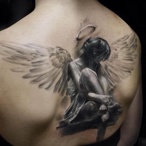 Wonderful Grey Ink 3D Angel Tattoo On Girl Back