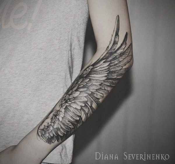 Wonderful Grey Ink Eagle Wing Tattoo On Outer Forearm By Diana Severinenko