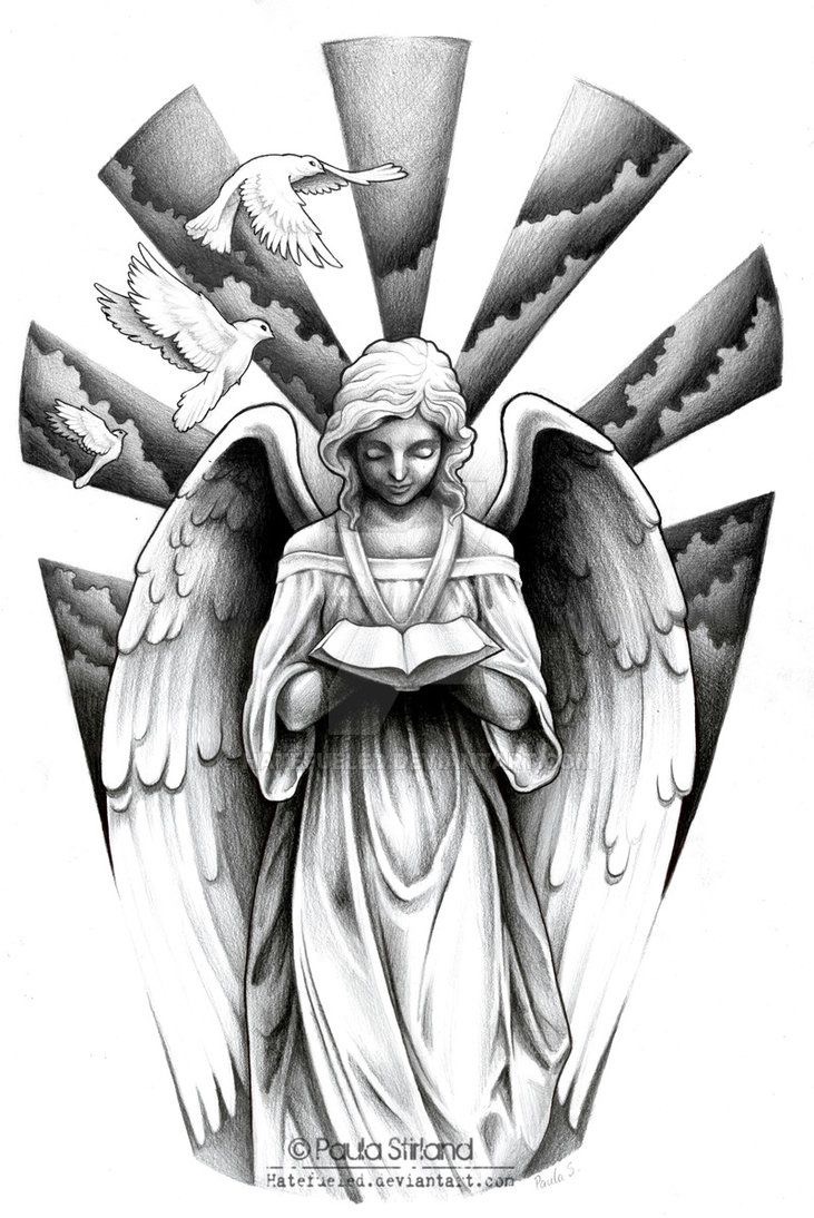 Wonderful Grey Ink angel With Flying Dove Tattoo Design