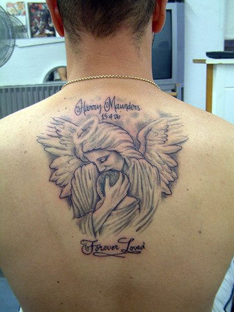 Wonderful Mother Angel Holding Baby Memorial Tattoo On Back