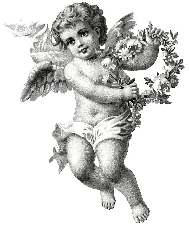 Wonderful Realistic Angelic Cherub With Flowers Tattoo Design
