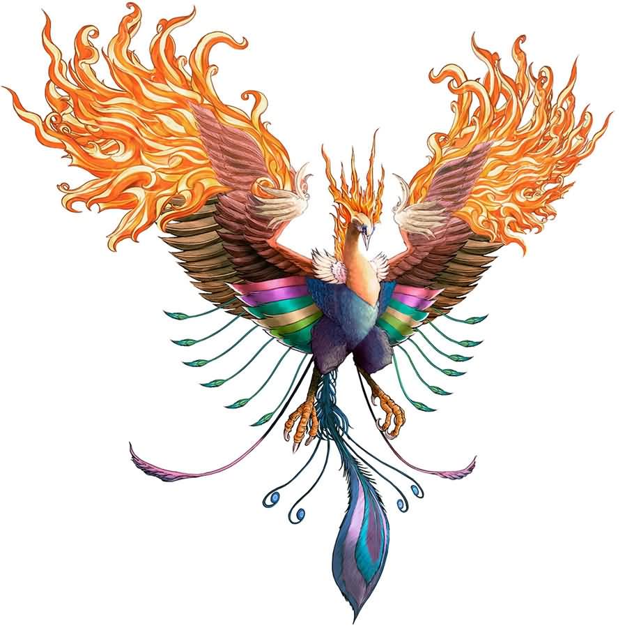 3D Colorful Flying Phoenix On Flames Tattoo Design