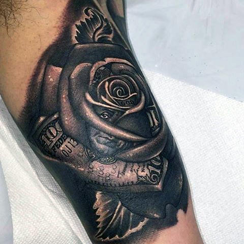 3D Dark Black Rose, Money & Face Composition Tattoo On Bicep