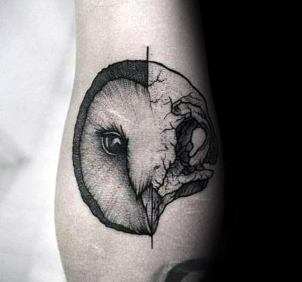 Amazing Barn Owl Head & Skull Composition Tattoo