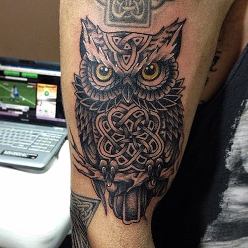 Amazing Celtic Owl Tattoo On Half Sleeve For Men