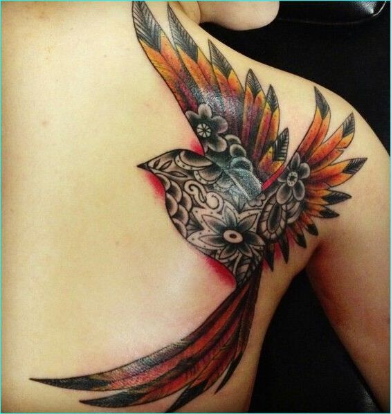 Amazing Colored American Traditional Flying Phoenix Tattoo On Girl Back Shoulder