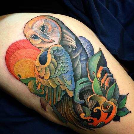 Amazing Colorful Barn Owl Tattoo On Thigh For Women